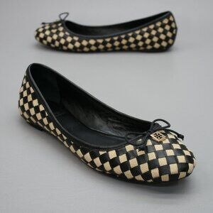 Tory Burch Ladies 9.5 Prescott Black Leather Tan Woven Ballet Flats Loafer Shoes
